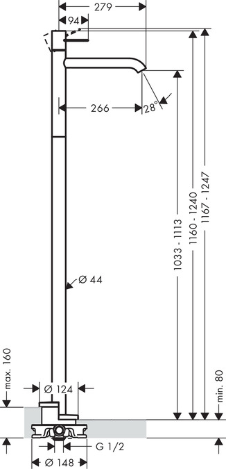 картинка 38037000 Смеситель для раковины, напольный, однорычажный, с рукояткой-петлей, с неперекрываемым сливным набором от магазина Hansgrohe.SALE