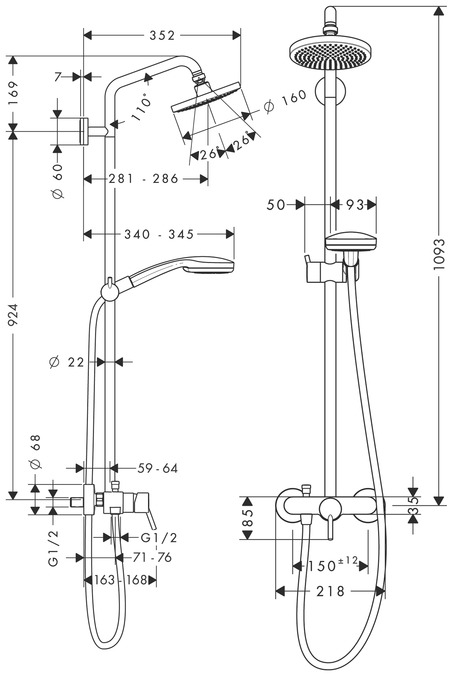 картинка 27154000 Croma 100 1jet Showerpipe, с однорычажным cмесителем, ½’ от магазина Hansgrohe.SALE