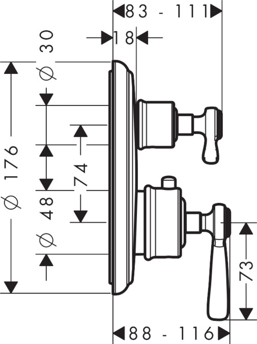 картинка 16821000 Термостат с запорным/переключающим вентилем, рычаговой рукояткой, СМ от магазина Hansgrohe.SALE