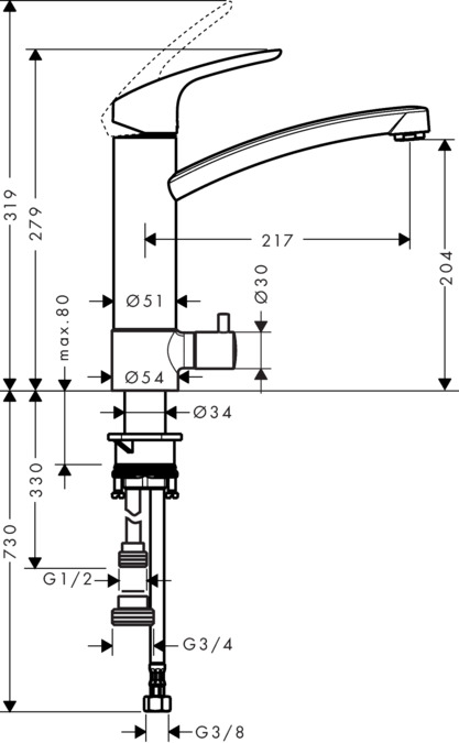 картинка 31803000 Смеситель для кухни 220, однорычажный, с запорным вентилем для посудомоечной машины от магазина Hansgrohe.SALE